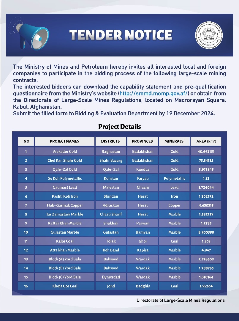 Tender Notice for 16 Large-Scale Mines